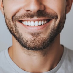 Fototapeta premium Bright smile radiates joy and confidence from a young man against a simple background in a cozy indoor setting