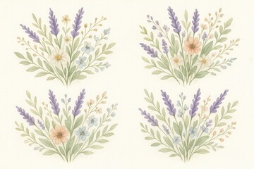 Naklejka premium Delicate Watercolor Floral Arrangements with Lavender Wildflowers Leaves and Branches Botanical Illustration Bouquets