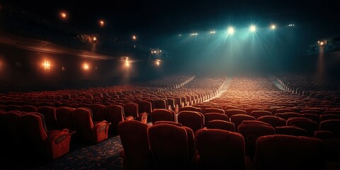 Empty theater with red seats illuminated by stage lights before a performance in the evening