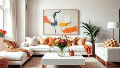 Modern living room interior with a white sofa, abstract wall art, colorful cushions, and a fresh flower arrangement, creating a stylish and inviting home atmosphere