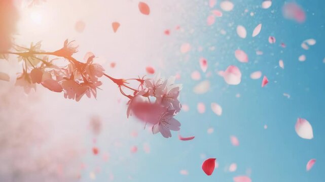Delicate pink cherry blossoms falling against a pale blue sky