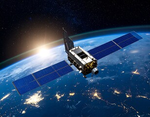 Fototapeta premium Satellite orbiting Earth, sunrise in background (2)