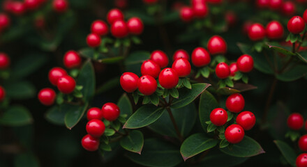 Hypericum berries bright red fruit plant with green leaves botanical nature vibrant fresh detail