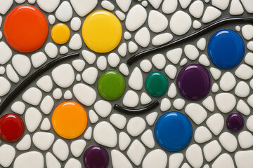 Colorful Glossy Mosaic Wall Art with Rainbow Circular Glass Pieces and Abstract White Tiles for Modern Interior Decoration