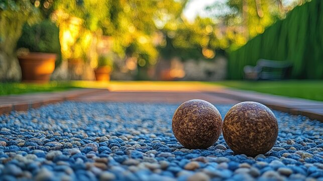 Two brown and patterned bocce balls on a gravel path.