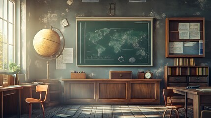 Vintage classroom with antique furniture and world map.