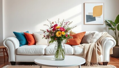Elegant living room scene with vibrant floral centerpiece on a round table, fostering a bright and inviting ambiance for relaxation
