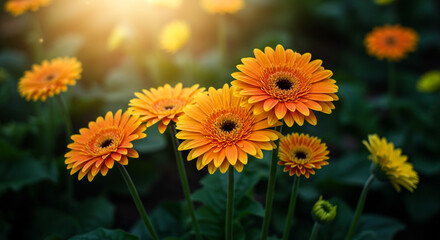 Radiant Gerberas in Golden Light A Burst of Sunshine Orange Flowers and Floral Beauty in a Garden