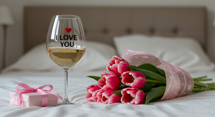 Romantic Love Tulips Gift Wine Valentine s Day Celebration Love You Message Relaxing Getaway Romance