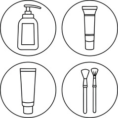 Four circles show bottles and makeup brushes in black and white line art