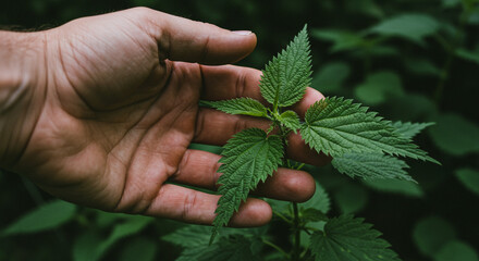 Hand Holding Fresh Nettle Plant Herbal Remedy Healing Power Forest Medicine Healthy Living Green