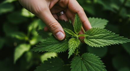 Hand gently touches fresh nettle leaves in a vibrant green field herbal medicine nature s healing