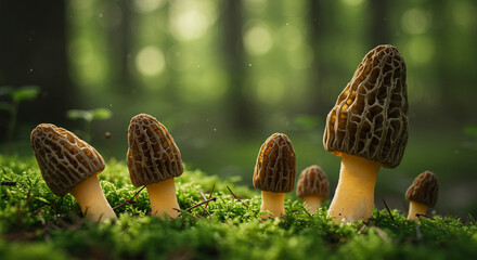 Wild morel mushrooms in a lush mossy forest a spring foraging adventure and mushroom identification