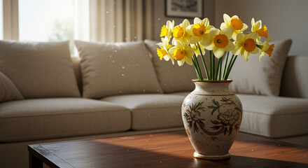 Yellow Daffodils in Decorative Vase Brighten Cozy Living Room on Wood Table in Natural Light