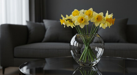Sunny Daffodils in Glass Vase Brighten Modern Living Room Yellow Spring Flowers Home Decor Table