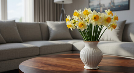 Daffodils in Vase Home Decor Interior Spring Flowers Elegant Living Room Floral Arrangement Cozy