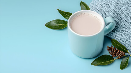 Warm Drink in a Blue Mug with Knitted Sweater and Autumn Leaves