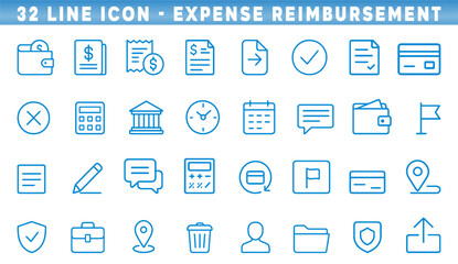 Diverse assortment of line icons illustrates various aspects of expense reimbursement, including wallets, forms, calendars, and financial symbols for effective tracking