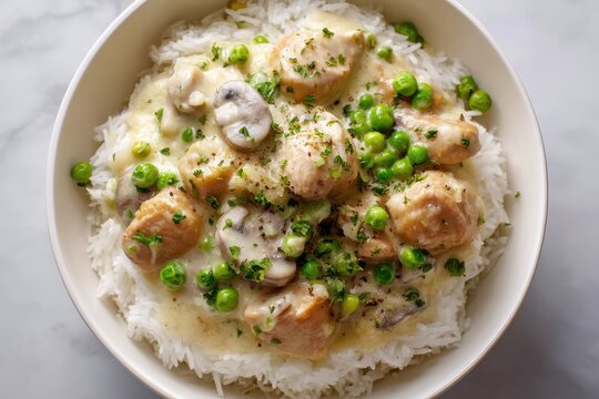H&auml;hnchen Curry mit Reis und Erbsen cremige Currysauce mit H&auml;hnchenbrustst&uuml;cken Basmatireis und gr&uuml;nen Erbsen traditionelles indisches Gericht serviert in Sch&uuml;ssel Nahaufnahme asiatische K&uuml;che Food Fot