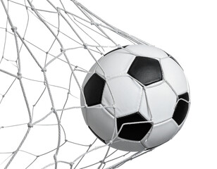 Torschuss ball im Netz isoliert auf weißen Hintergrund, transparent
