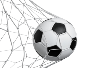 Torschuss ball im Netz isoliert auf weißen Hintergrund, transparent