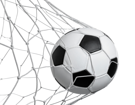 Torschuss ball im Netz isoliert auf weißen Hintergrund, transparent