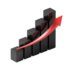 Black 3D Bar Chart with Red Upward Arrow Representing Business Growth