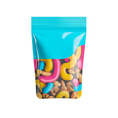 A vibrant, colorful snack blend in a transparent, modern package, enticingly displayed with perfect lighting, emphasizing the delicious variety of contents.