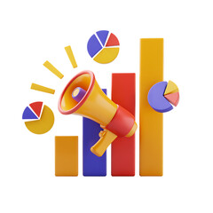 3D Marketing Analytics with Bar Chart, Pie Graphs, and Megaphone Icon