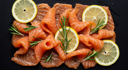 Fresh Salmon Slices with Zesty Lemon Rosemary Sprigs and Culinary Herbs Healthy Diet Delights Food