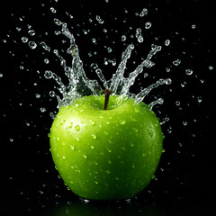 Green apple splashing into water with droplets