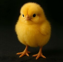 Obraz premium Yellow Fluffy Chick on Black Background