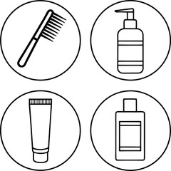 Linear black and white circles showcase icons for hair comb and personal care items