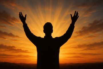 Fototapeta premium Silhouette of a Devout Man with Arms Raised High in Worship and Praise to God Against a Radiant Sunset Sky Christian Faith Illustration