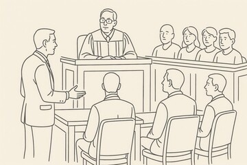 Simple Line Drawing or Sketch of a Formal Courtroom Scene with Judge Lawyers and Jury During a Hearing or Trial