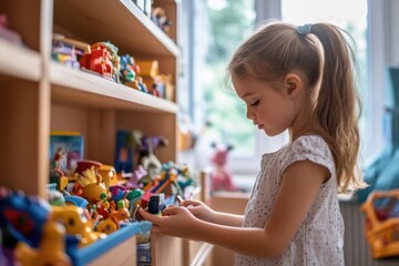 School-age girl organizing toy shelf in clean home interior with natural afternoon light, childhood independence and responsibility