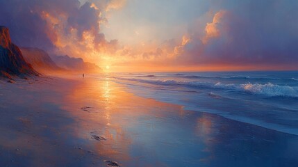 Fototapeta premium A serene beach scene at dawn, with calm waves, a pastel-colored sky, and a lone figure walking along the shore, leaving footprints in the sand. --ar 16:9 --stylize 750 --v 6.1 Job ID: f31442ad-f44a-40