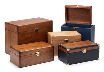 Group of wooden storage boxes in various sizes and colors,  with brass accents