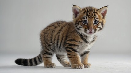 Obraz premium A small tiger cub stands looking forward with stripes against a neutral background.
