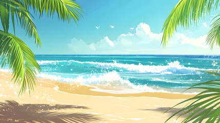 Fototapeta premium A beautiful tropical beach with golden sand, palm trees and crashing waves on a sunny summer day. The perfect backdrop for a relaxing vacation.