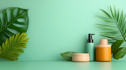 Assortment of natural beauty items on green background