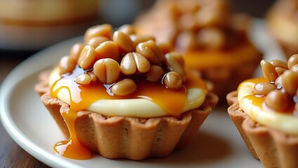 Delicious caramel and nut topped tarts displaying pastry perfection and sweet delights