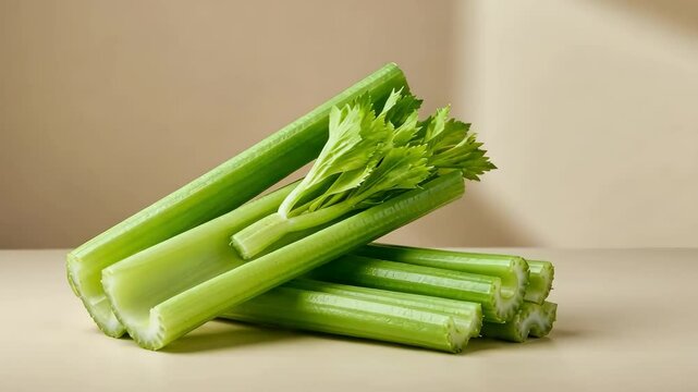 Fresh green celery on a light backdrop, nutrition