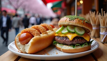 Gourmet hot dog and cheeseburger on plate with cherry blossoms backdrop  