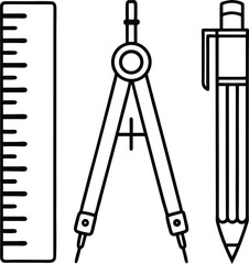 Outline shows a ruler, compass, and pencil arranged on a white background