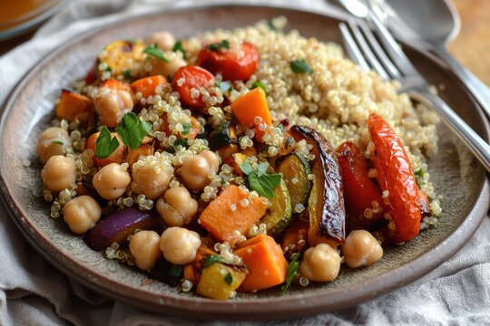 Quinoa Salat mit Kichererbsen und ger&ouml;stetem Gem&uuml;se gesunde vegane Mahlzeit mit Zucchini Paprika Karotten Aubergine und Kr&auml;utern mediterrane K&uuml;che auf Teller serviert vegetarisches Mittagessen Food Fo