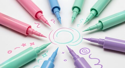 Pastel Brush Pens Creating Colorful Doodle Art: A Vibrant Still Life of Sketch Markers, Perfect for...