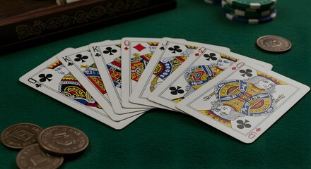 Royal Flush Hand: A Winning Combination of Queen, King, Jack, and Ten Playing Cards on Green Felt...