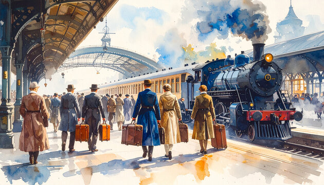 An AI generated image of an European train station in the 18th century with commuters and a steam-engine train 