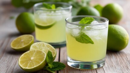 Fototapeta premium Two glasses filled with chilled lime juice and ice sit on a rustic wooden table, accompanied by fresh limes and mint leaves, illustrating a perfect summer refreshment